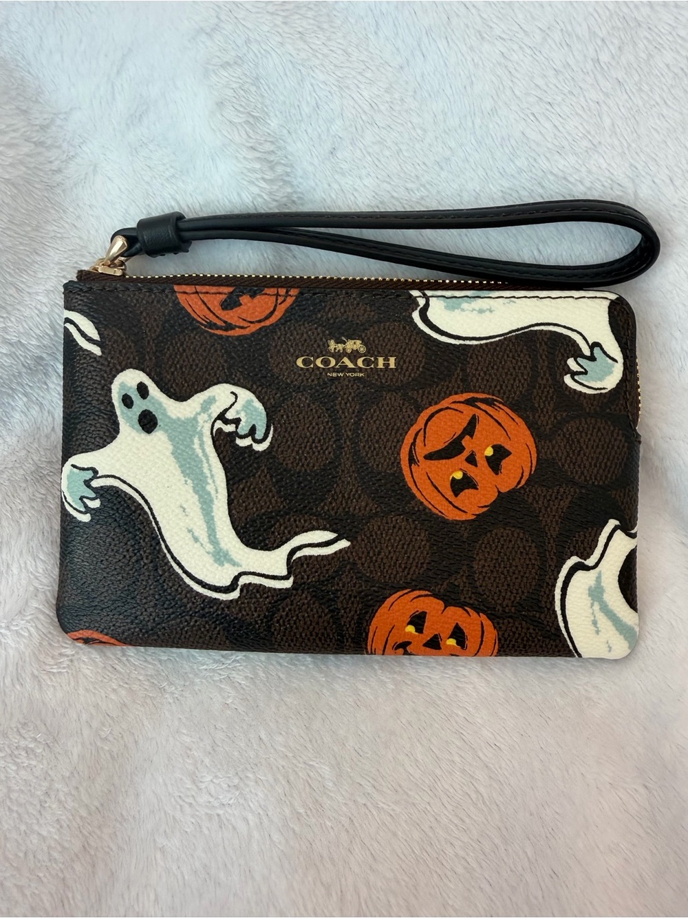 Coach Halloween Corner Zip Wristlet with Ghosts and Pumpkins